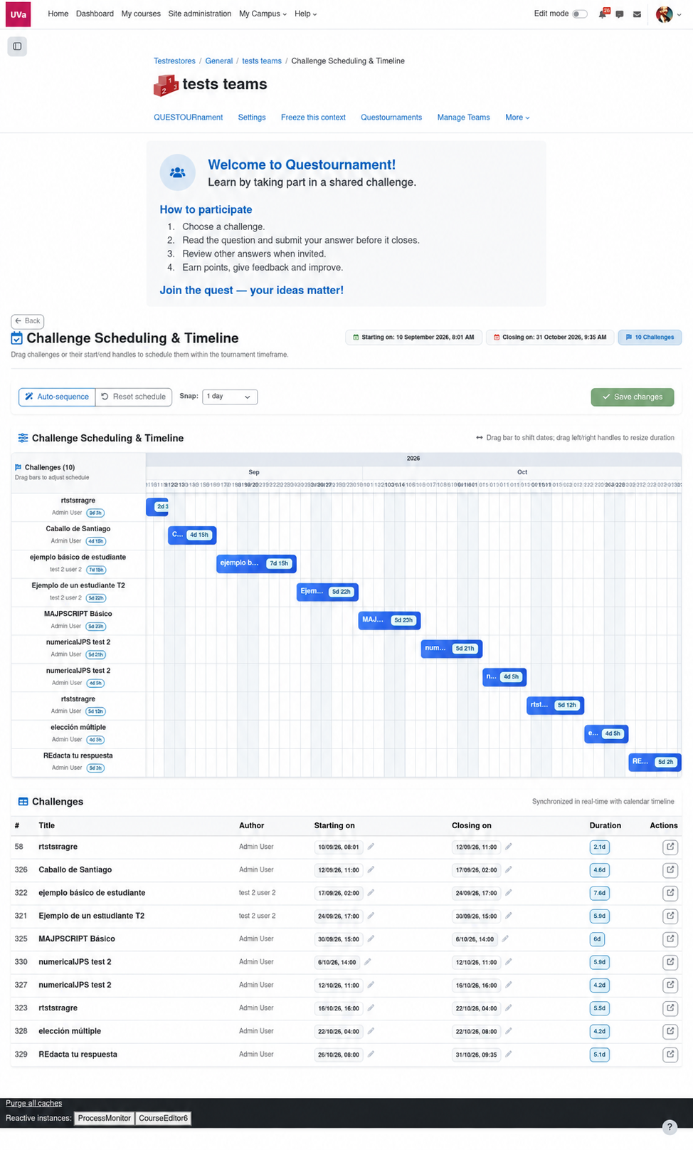Questournament challenge scheduling timeline in Moodle