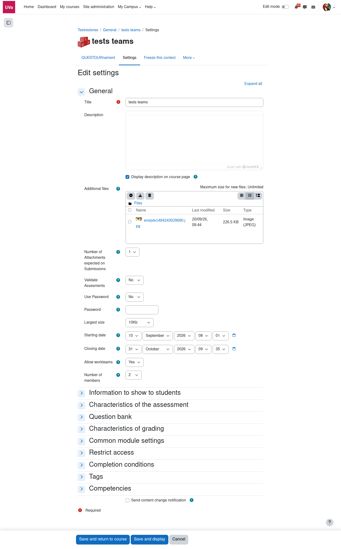 Questournament module settings in Moodle