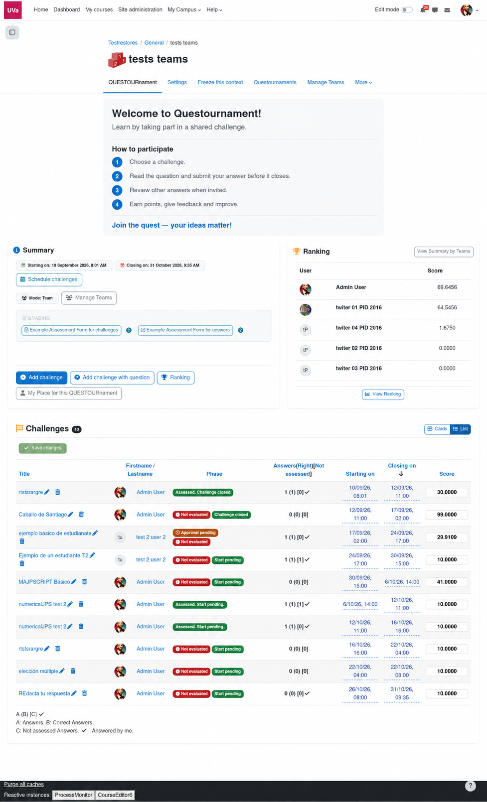 Questournament module activity view in Moodle